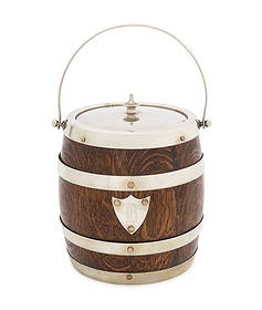 English Silver Plate Mounted Oak Barrel Ice Pail: English Silver Plate Mounted Oak Barrel Form Ice Pail, the lid marked "EPNS" with scratched "856P 357 1396" to underside, with swing handle and Gothic "B" engraved shield. 7.25" H x 6.25" W x 6" D. Pr
