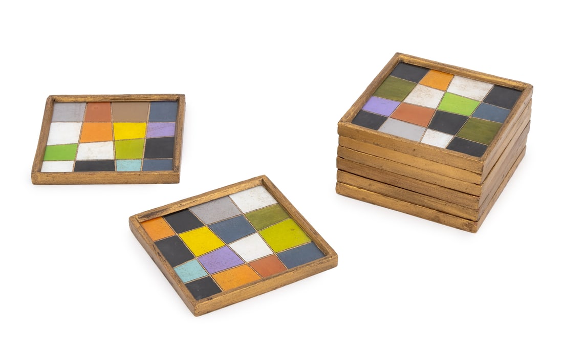 Modern Painted and Giltwood Square Coasters, 8: Set of Eight Modern Painted and Giltwood Square Coasters, each with polychrome geometric design and gold painted border. 4.25" L x 4.25" W. Provenance: From an 880 Fifth Avenue Collection. Keywords: T