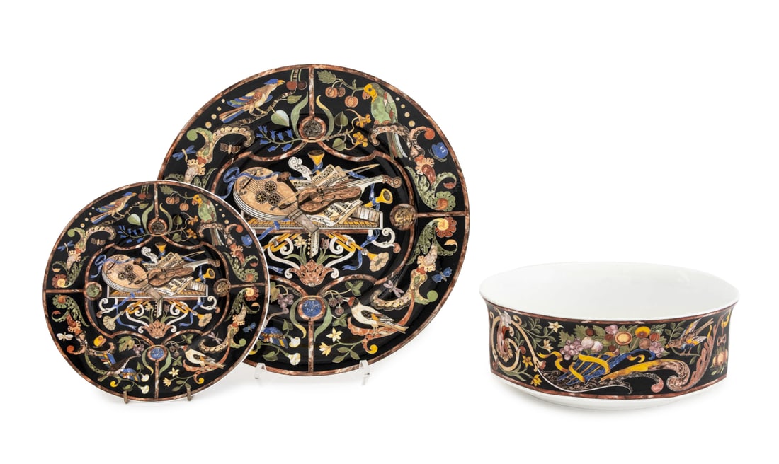 Villeroy & Boch "Intarsia" Tableware, 3 Pcs.: Group of Three Villeroy & Boch "Intarsia" Porcelain Tableware Pieces, comprising: circular serving bowl, charger, and dessert plate, each marked "Villeroy & Boch / anno 1748 / Germany / Intarsia / Bon