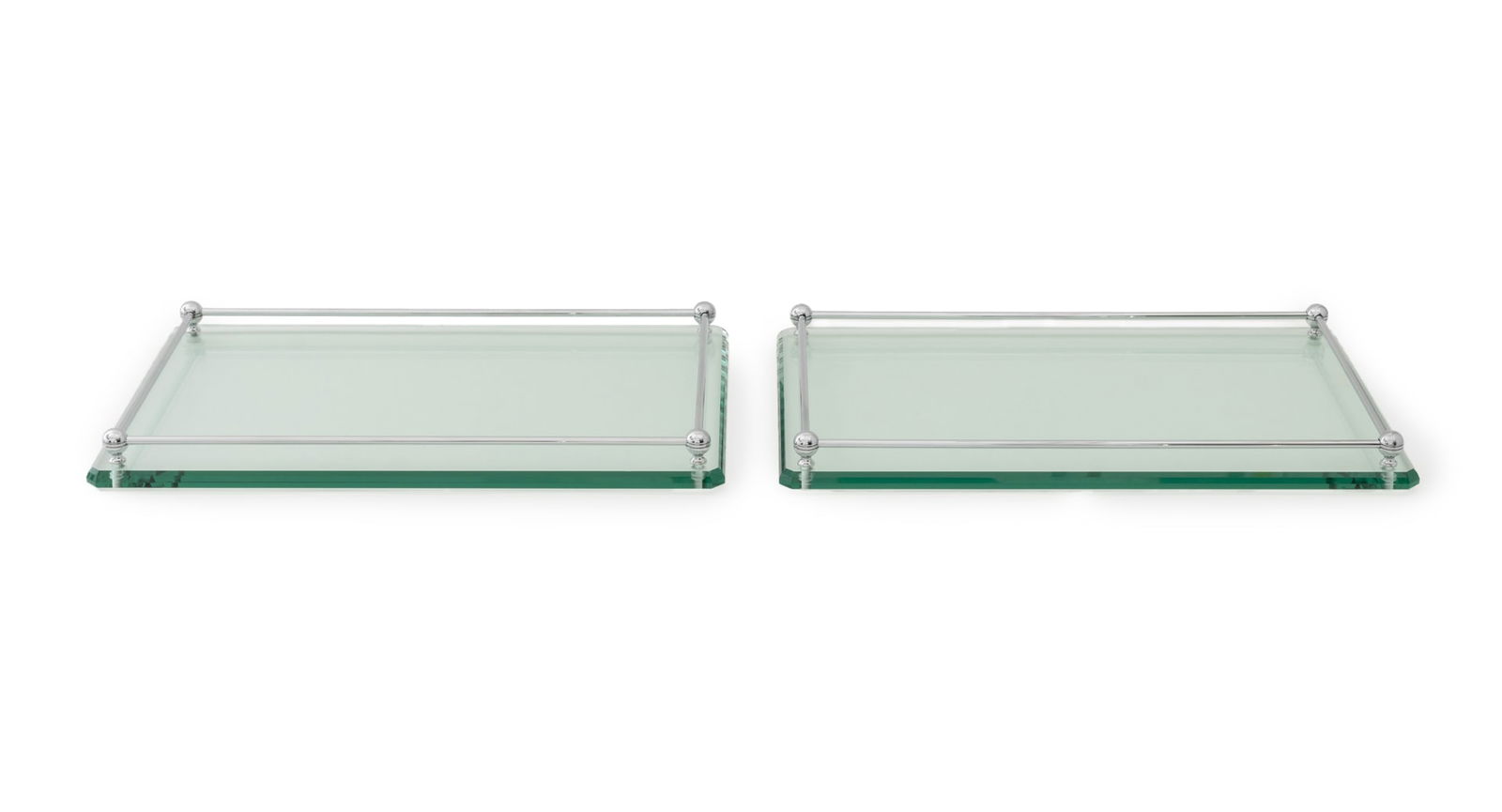 Modern Chrome and Beveled Glass Trays, Pair: Pair of Modern Chrome and Beveled Glass Trays. 18" L x 12" W x 1.75" D. Provenance: From a Long Island Estate. Keywords: Platters, Serving tray, Makeup tray, Vanity, Dressing table accessories, Interi