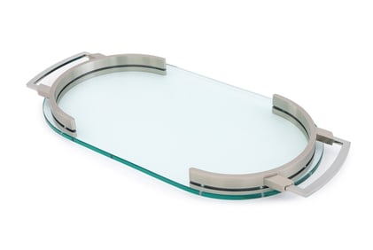 Modern Chrome and Beveled Glass Oval Serving Tray