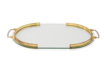 Modern Chrome & Brass Mounted Glass Serving Tray