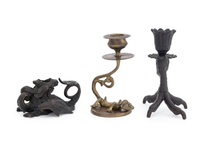 Gothic Style Patinated Metal Candlesticks, 3