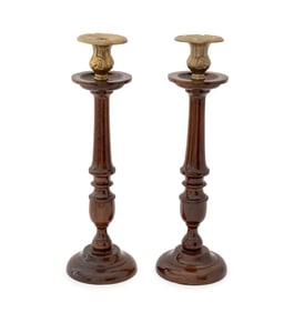 Brass Mounted Turned Wood Candlesticks, Pair