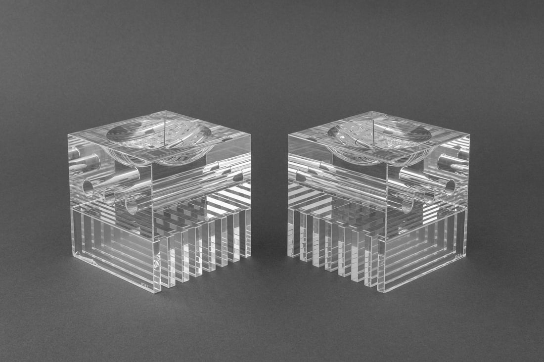 Ralph Lauren "Albin" Crystal Desk Accessories, Pr.: Pair of Ralph Lauren "Albin" Crystal Desk Accessories, multi-functional organizer, marked "RL" to sides. 4.25" H x 4.25" W x 4.25" D. Provenance: From a Long Island Estate. Keywords: Designer, Luxury