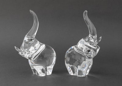 Steuben Crystal Elephant Paperweights, Pair