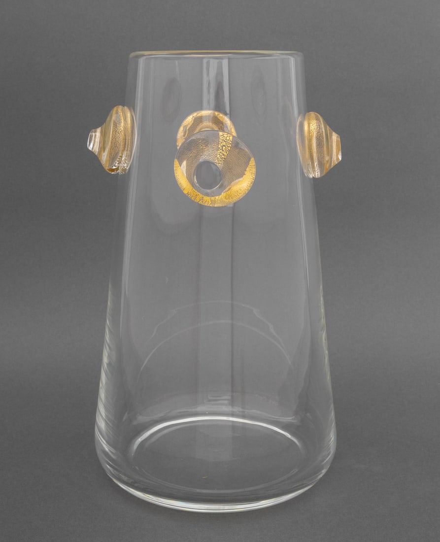 Carlo Moretti Murano Art Glass Vase: Carlo Moretti Murano Art Glass Vase, 1994, with aventurine inclusions to applied decoration, etched "Carlo Moretti / 1994" to side. 13.5" H x 7.5" Diameter. Provenance: From a New York City Collection