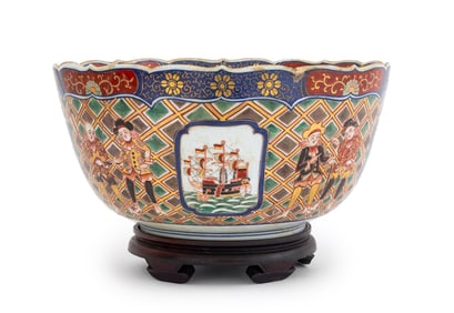 Japanese Imari Black Ship Porcelain Bowl