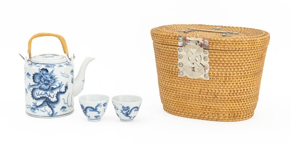 Chinese Blue & White Porcelain Tea Set in Basket