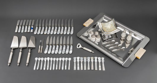 Silver Plate & Mother-of-Pearl Tableware, 65 Pcs.