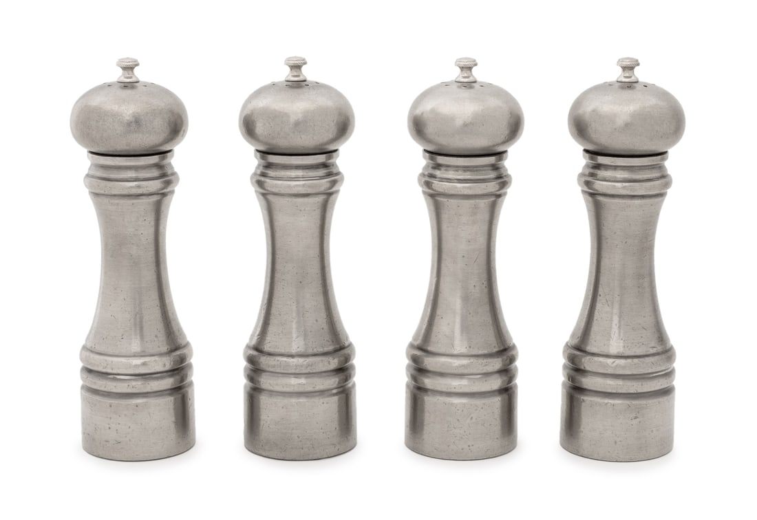 Chiarugi Pewter Salt and Pepper Mills, 4: Set of Four Chiarugi Pewter Salt and Pepper Mills, each with salt shaker to the top and pepper grinder to the bottom, struck with marks to the underside, each with original box. 8.5" H x 2.5" Diameter