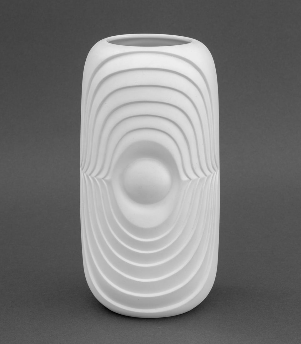 KPM Porcelain Optical Art Vase, 1970s: KPM Optical Art Bisque Porcelain Vase, 1970s, stamped "Made in W. Germany" with "Porzellan / Bavaria / K P M / Germany / Handarbeit" marks and impressed "781/22" to underside. 8.75" H x 4" Diameter. P