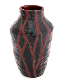 Geometric Red & Black Glazed Art Pottery Vase