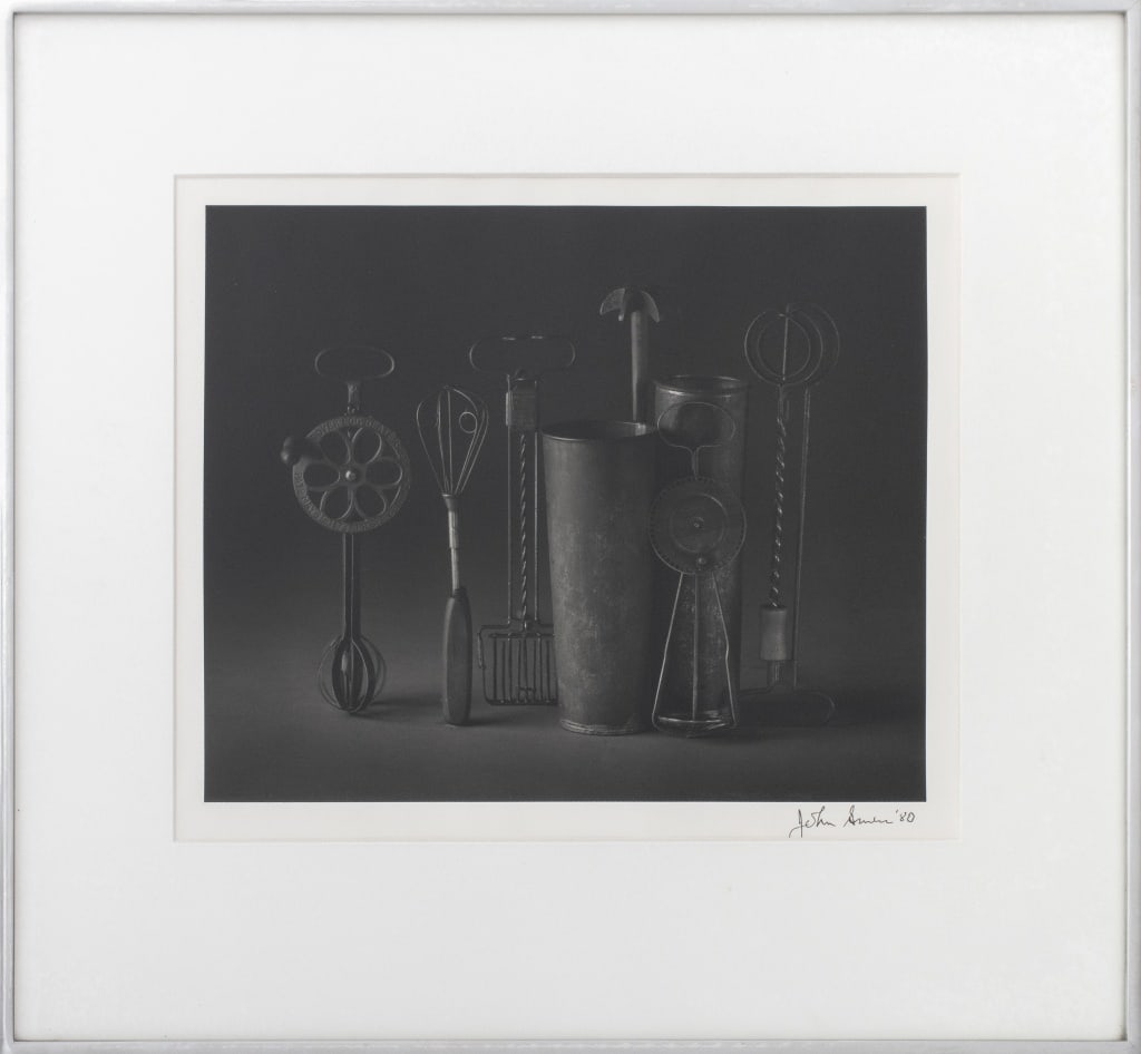 John Gruen "Still Life" Gelatin Silver Print, 1980: John Gruen (American, born France, 1926-2016), "Still Life" (Kitchen Utensils), Gelatin Silver Print, 1980, signed and dated lower right, chrome frame. Image: 9.5" H x 11" W; frame: 15.25" H x 16.5" W