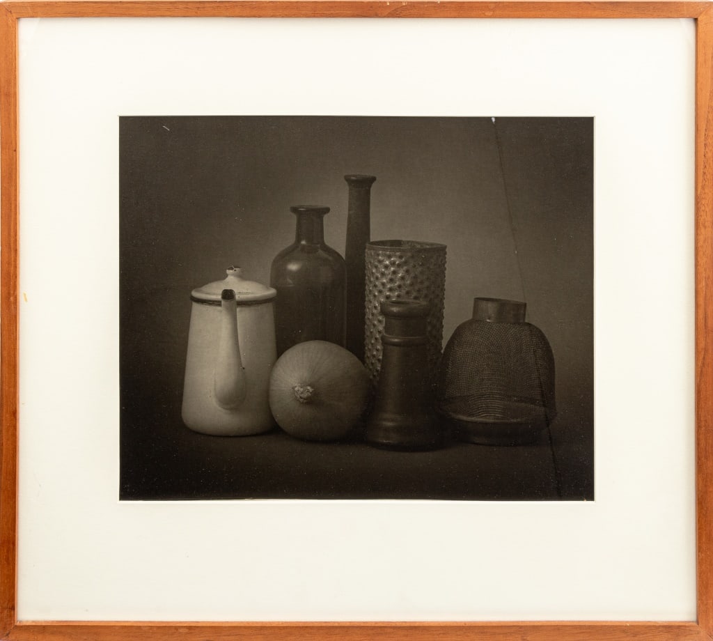 John Gruen "Still Life" Gelatin Silver Print: John Gruen (American, born France, 1926-2016), "Still Life" [Vases], Gelatin Silver Print, signed in pencil lower right and verso, wood frame. Image: 11.5" H x 14.25" W; frame: 19.25" H x 21.5" W. Pro