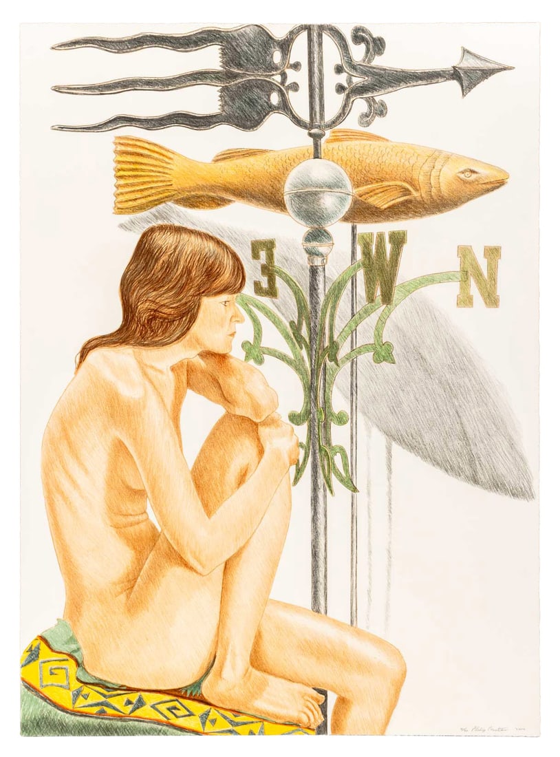 Philip Pearlstein "Nude Model ..." Lithograph: Philip Pearlstein (American, 1924-2022), "Nude Model with Banner and Fish Weathervanes", Lithograph in Colors, 2010, signed in pencil, dated, and numbered edition "2/40" lower right, unframed. Sheet: