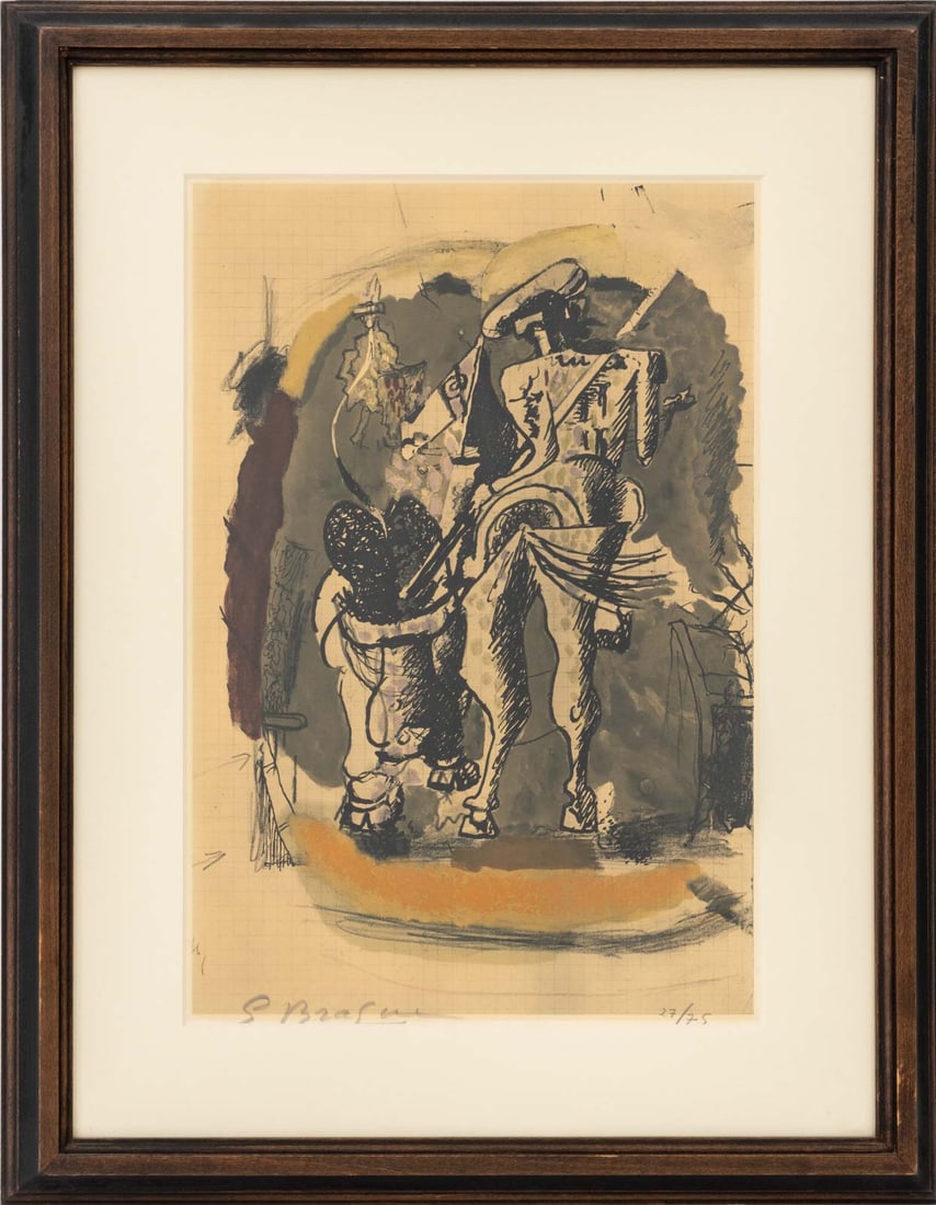 Georges Braque "Picador" Lithograph, 1955: Georges Braque (French, 1882-1963), "Picador", Lithograph in Colors, 1955, signed lower left and numbered edition "27/75" lower right, wood frame. Image: 13" H x 9" W; frame: 19.5" H x 15.5" W x 1" D.