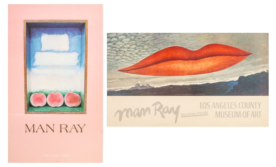Man Ray Exhibition Posters, 2: Group of Two Man Ray Exhibition Posters, comprising: "The Lovers", offset lithograph poster in colors, 1966, for The Los Angeles County Museum of Art, mounted on board and "Three Peaches", offset lith