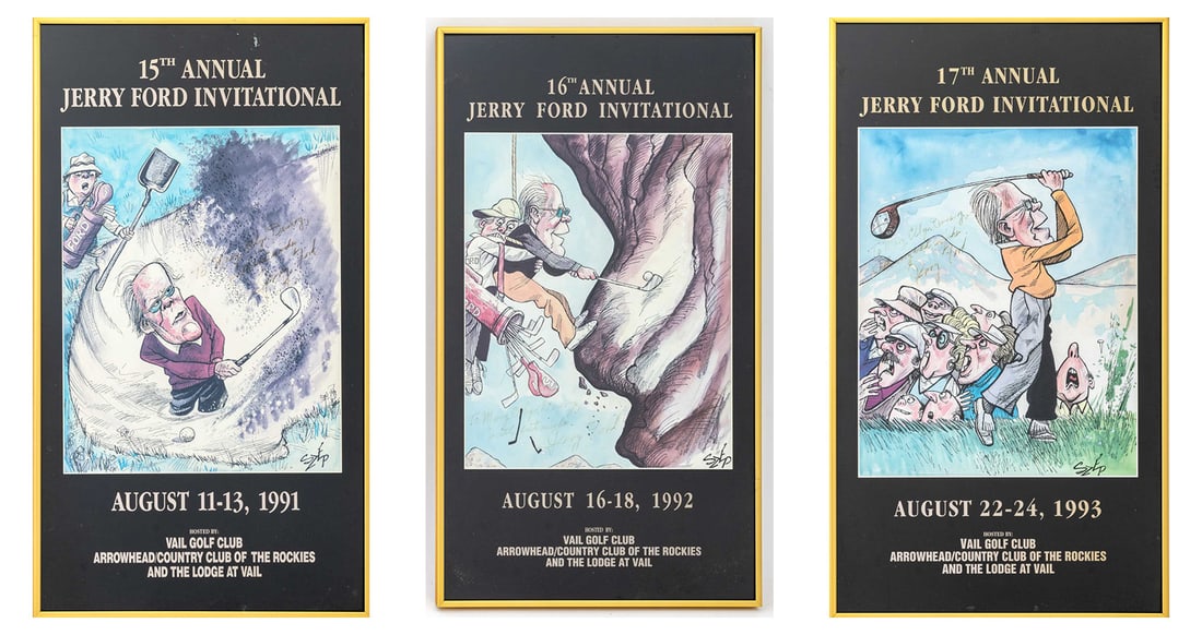 Former President Jerry Ford Signed Posters, 3: Group of Three Signed Former President "Jerry Ford Invitational" Posters, comprising: "15th Annual Jerry Ford Invitational", 1991, "16th Annual Jerry Ford Invitational", 1992, and "17th Annual Jerry F