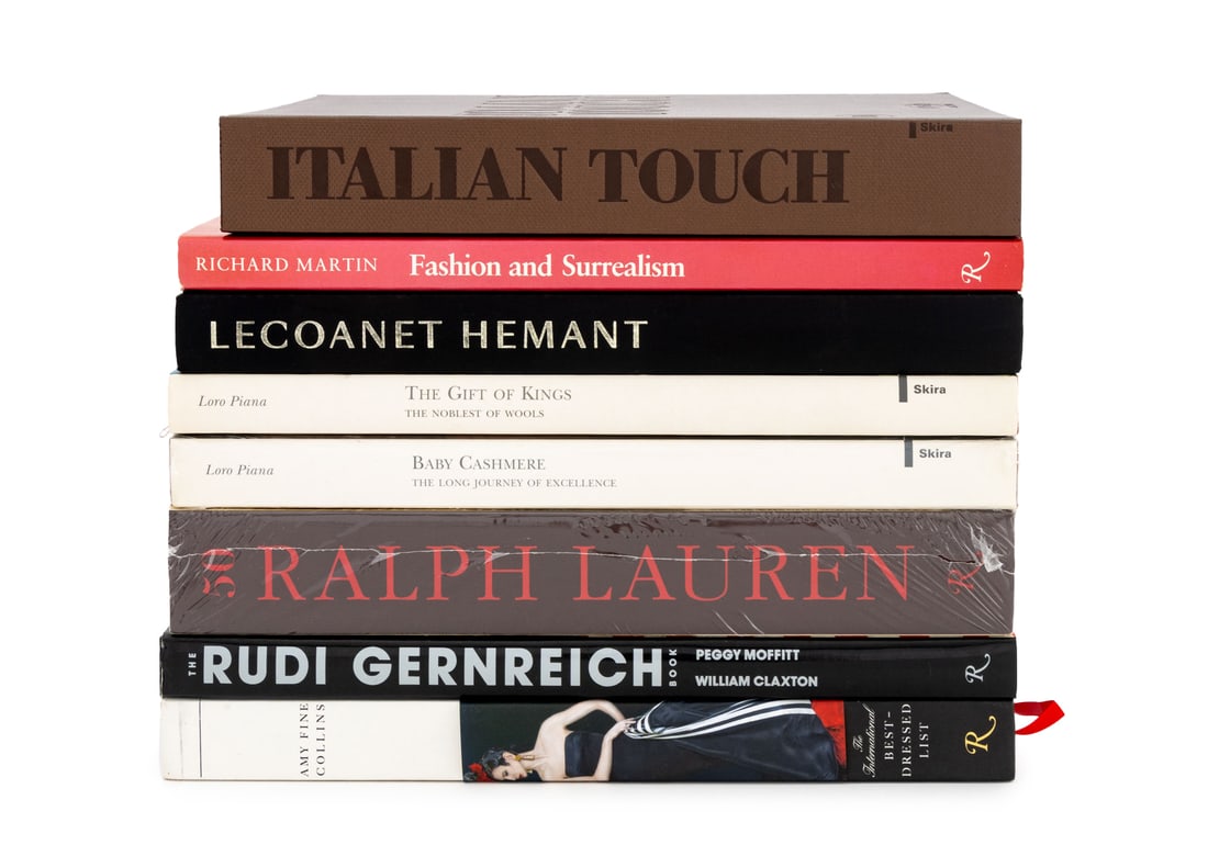 Books on Fashion, 8: Collection of Eight Books on Fashion, comprising: "Lecoanet Hemant", Marot, Sylvie, inscribed on half title page, "Ralph Lauren: 50 Years", still in shrink plastic, "The Gift of Kings: the Noblest of