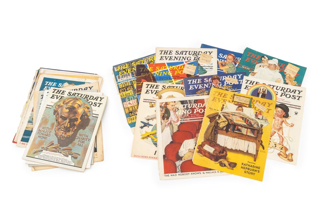 Saturday Evening Post Portfolio: Portfolio of Saturday Evening Post Images, comprising: approximately 40 magazines, covers, and advertisements. 17.75" H x 14.75" W x 1" D. Provenance: From an Upper East Side, New York City Collection