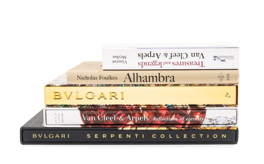 Books on Designer Jewelry, 5: Group of Five Books on Designer Jewelry, comprising: Meylan, Vincent, "Treasures and Legents Van Cleef & Arpels", Foulkes, Nicholas, "Alhambra Van Cleef & Arpels", Triossi, Amanda and Mascetti, Daniel