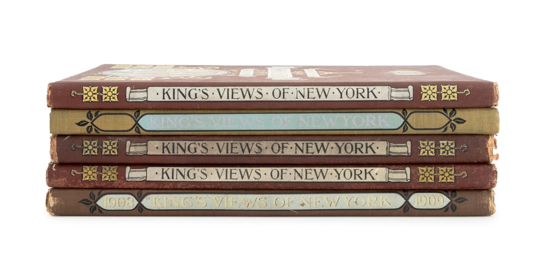 "King's Views of New York", 5: Group of Five "King's Views of New York", comprising: two 1905 editions, 1907, 1908-1909, and 1912. Each: 15" H x 10.5" W x 1" D. Provenance: From a New York City Collection. Keywords: Books, Reading,