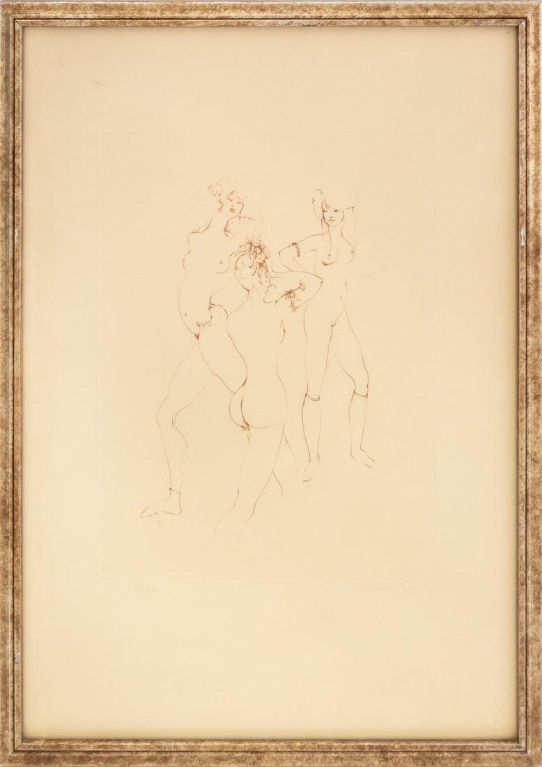 Lenor Fini Three Nude Women Etching: Lenor Fini (Argentine/Italian, 1907-1996), Three Nude Women, Etching, signed in pencil lower right and numbered edition "33/150", silvered wood frame. Image: 15.5" H x 11.75" W; 26.5" H x 19.25" W x 0
