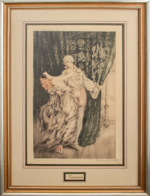 Louis Icart "Casanova" Etching in Colors: Louis Icart (French, 1888-1950), "Casanova", Etching in Colors on Paper, signed in pencil lower right, titled to center, sage green painted frame. Image: 20" H x 13.25" W; frame: 31.75" H x 23.75" W x