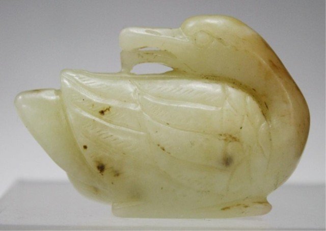 Chinese Jade Carving of Duck: Small carving of duck, jade, China; unmarked. Dimensions: approcximately 1-1/2"H x 2-1/4"L x 1"D