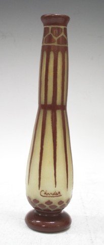 French Charder Cameo Glass Bottle Vase: A Charder cameo glass bottle shaped vase with brown design on mottled yellow ground, France; marked. Dimensions: 9"H x 2" widest diameter