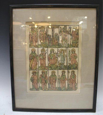 German Woodcut Print of Saints 16th Cent.: Print of various saints, woodcut, German School, sixteenth century; unsigned. Dimensions: image area13"L x 10"W; framed 20"L x 16"W