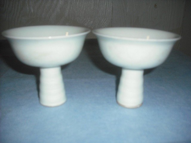 Pair Chinese Blanc de Chine Porcelain Stem Cups: Pair of blanc de chine footed stem cups, porcelain, China; marked. Dimensions: 3-1/2"H x 3-3/4" diameter