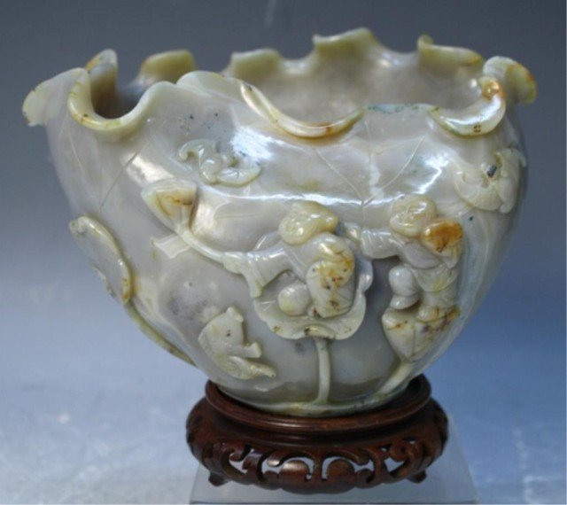 Chinese Carved Agate Bowl: Carved agate bowl with figural scene with fish and bats, China; unmarked. Dimensions:6-1/4"H x 7-1/4"W x 5-1/2"D