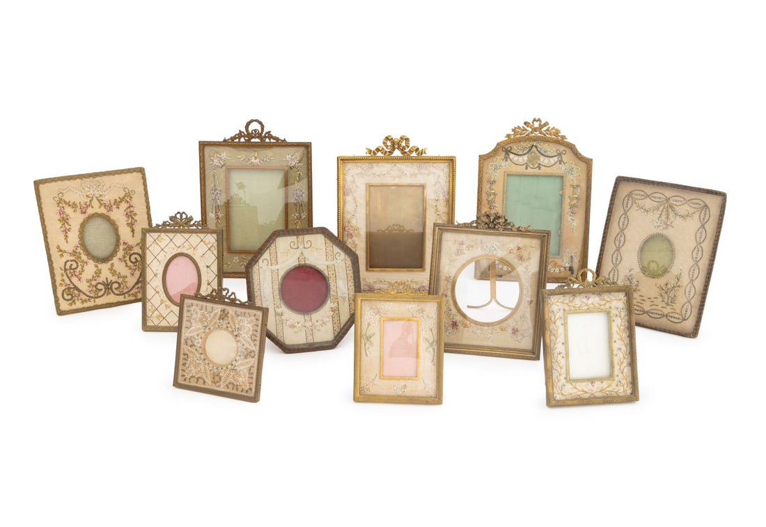 French Empire Silk & Gilt Metal Picture Frames, 11: Collection of Eleven French Empire and Second French Empire Silk Embroidered and Gilt Metal and Bronze Picture Frames, 19th century, two floral embroidered silk and gold thread frames, nine with gilde