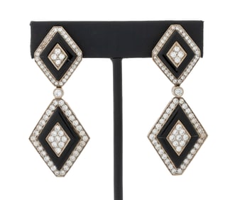 18K Yellow & White Gold Onyx Diamond Drop Earrings