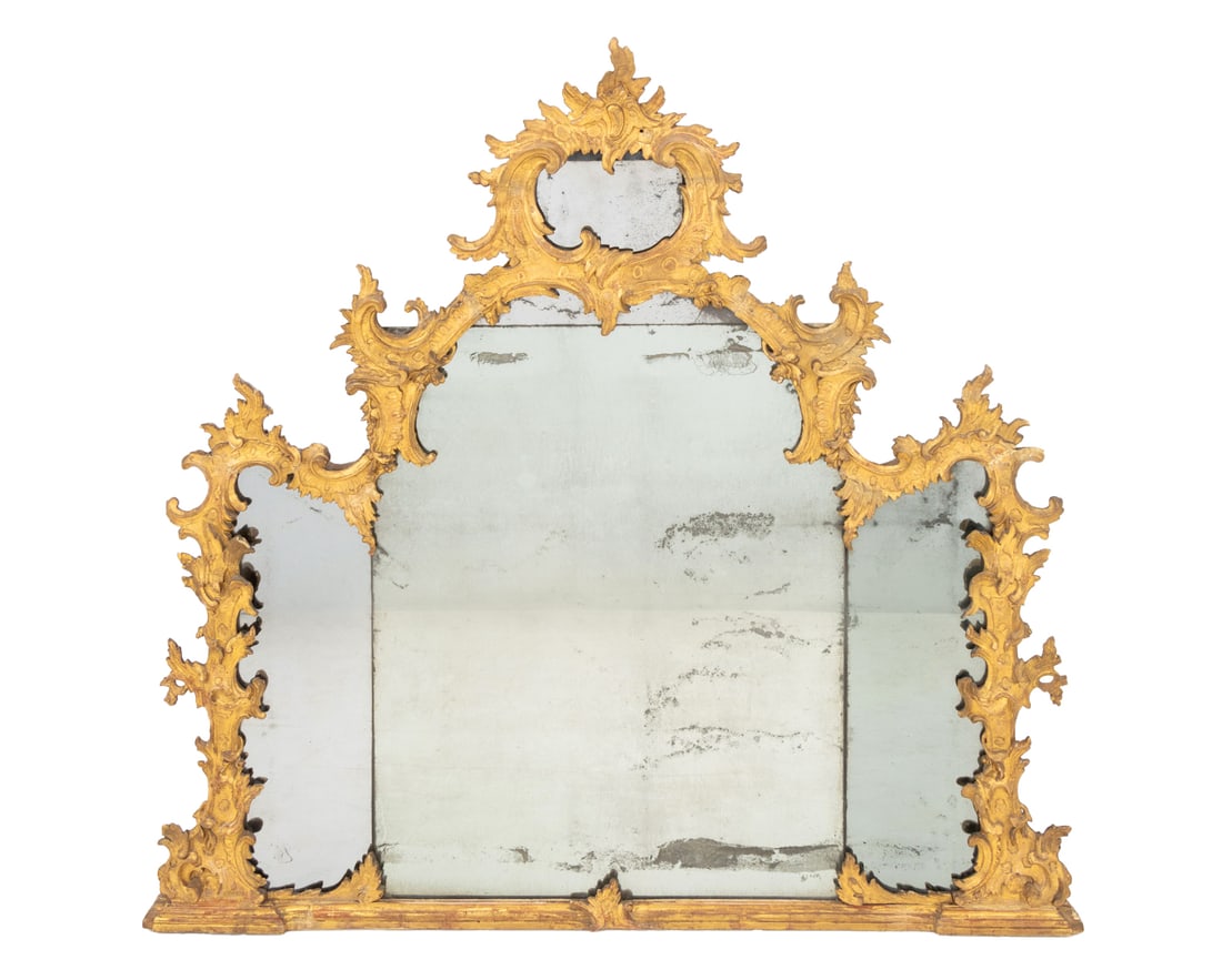 Rococo Giltwood Overmantel Mirror, mid 18th C.: Continental Rococo Giltwood Overmantel Mirror, mid-18th century, probably German, circa 1765, with four original mirror plates and carved scrolling, acanthus leaf, and floral motifs. Largest overall:
