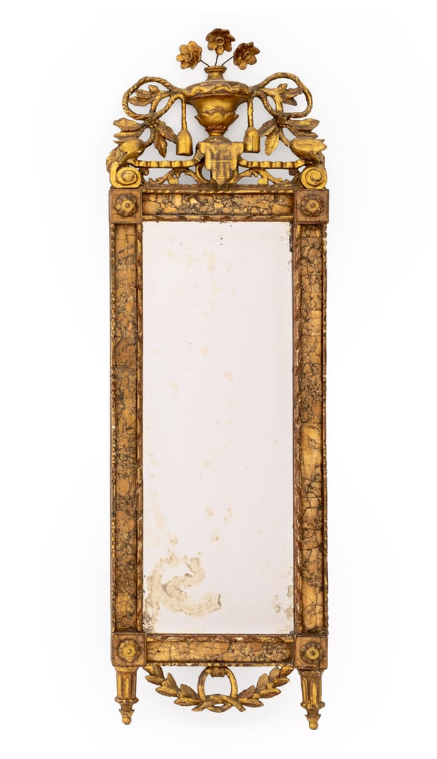 Louis XVI Marble and Giltwood Mirror: Louis XVI Marble and Giltwood Framed Mirror, 18th century, flower vase crest with tassel handles and beveled glass mirror plate. Mirror plate 25.5" H x 9" W; frame: 43" H x 13.25" W x 1.5" D. Provenan