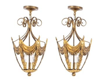 French Gilt Tole Lantern Shaped Hall Lamps, Pair