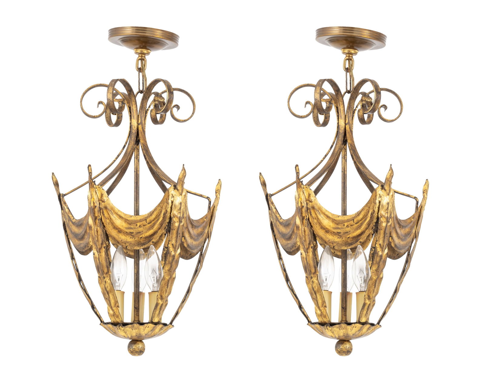 French Gilt Tole Lantern Shaped Hall Lamps, Pair (1 of 9)