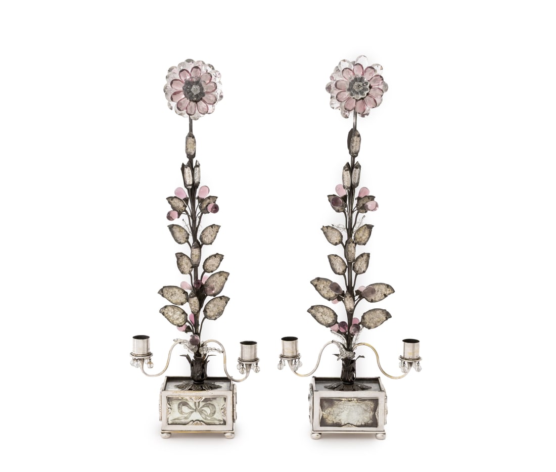 Maison Bagues 2-Branch Candelabra, Pair: Pair of Maison Bagues Two-Branch Candelabra, 19th century, each with clear quartz and purple rock crystal pendants in the form of a chrysanthemum flower above a mirrored base atop bun feet, marked "Ba