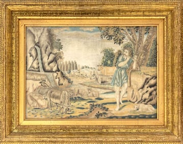 George III Herdsman Playing Flute Silk Needlework