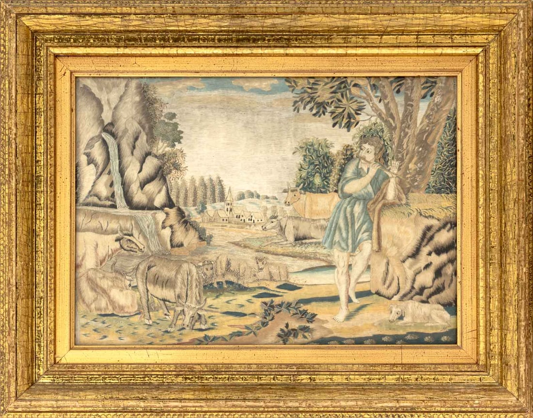 George III Herdsman Playing Flute Silk Needlework (1 of 6)
