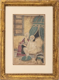 Two Women in an Interior Scene Silk Work, 18th C.
