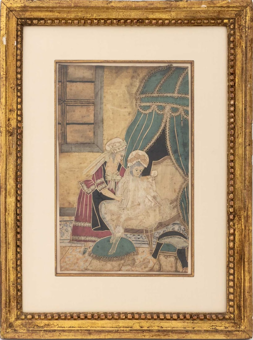 Two Women in an Interior Scene Silk Work, 18th C. (1 of 6)