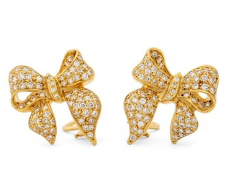 18K Yellow Gold Pave Diamond Bow Earrings