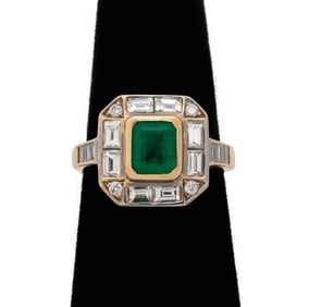 18K 2-Tone Gold Emerald Diamond Square Halo Ring