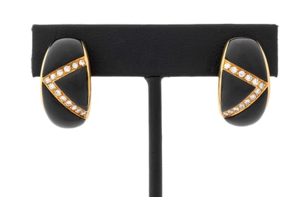 Italian 18K Yellow Gold Diamond Onyx Earrings