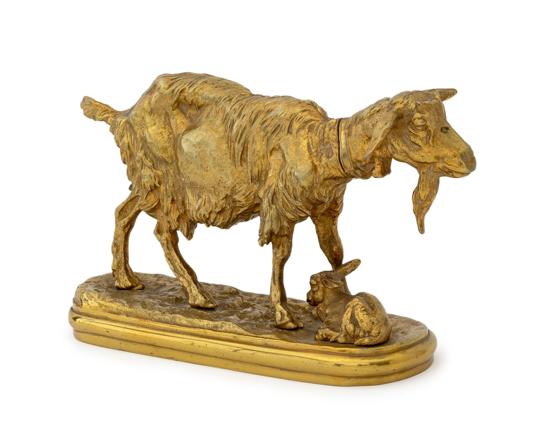 Emmanuel Fremiet Goat & Kid Gilt Bronze: Emmanuel Fremiet (French, 1824-1910) Goat and Kid Gilt Bronze Sculpture, the goat with articulated neck, unsigned. 5" H x 11.75" W x 3" D. Provenance: Property from a Bunny Williams decorated 5th Aven