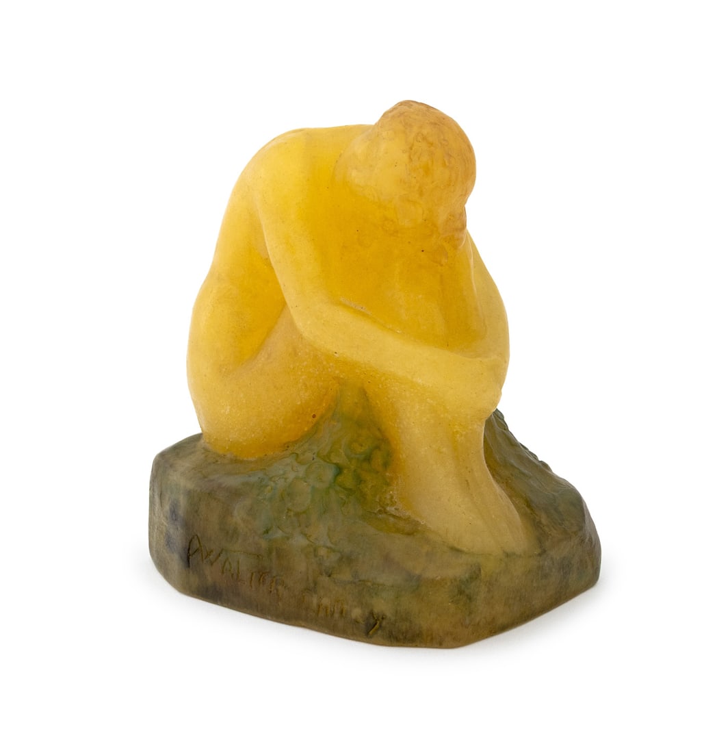 Amalric Walter Seated Nude Pate de Verre Sculpture: Jean-Bernard Descomps (French, 1872-1948) for Amalric Walter Seated Nude Woman Pate de Verre Sculpture, marked "AWalter Nancy" and signed "J.D." to base. 4" H x 3.5" W x 2.75" D. Provenance: Property